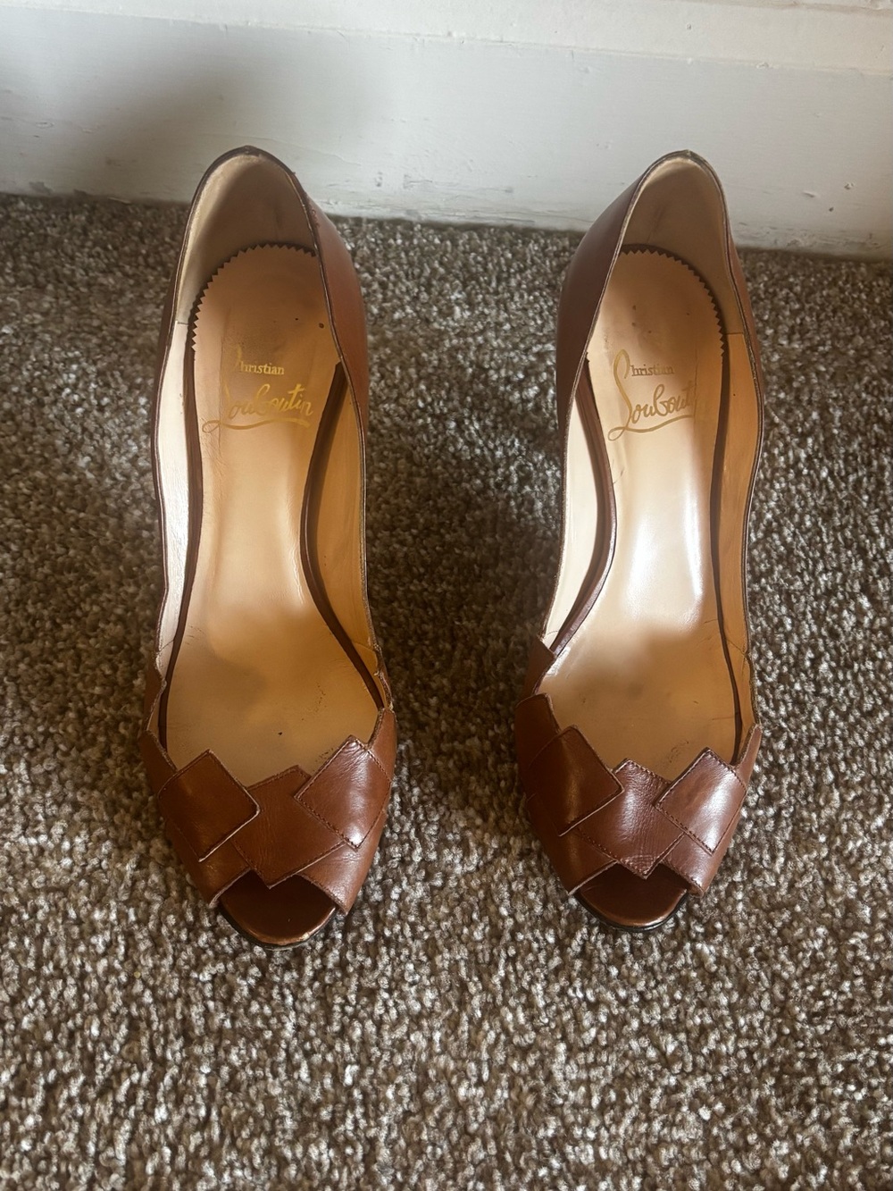 Christian Louboutin Brown Woven Peep-Toe Pumps